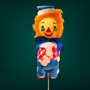 VTG 60s Raggedy Ann Andy Christmas Floral Pick Toy Land Christmas Ornament Japan